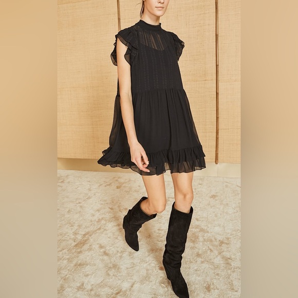 Ulla Johnson Remy Ruffled Mini Dress in Black Silk Size 0 XS Embroidered Floral